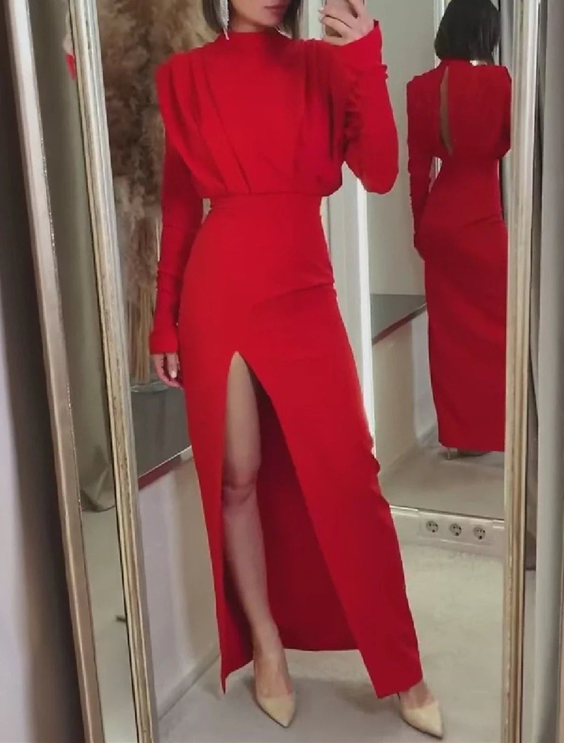 Sheath Evening Gown Elegant Dress Formal Red Green Dress Floor Length Long Sleeve High Neck Stretch Fabric with Ruched Slit