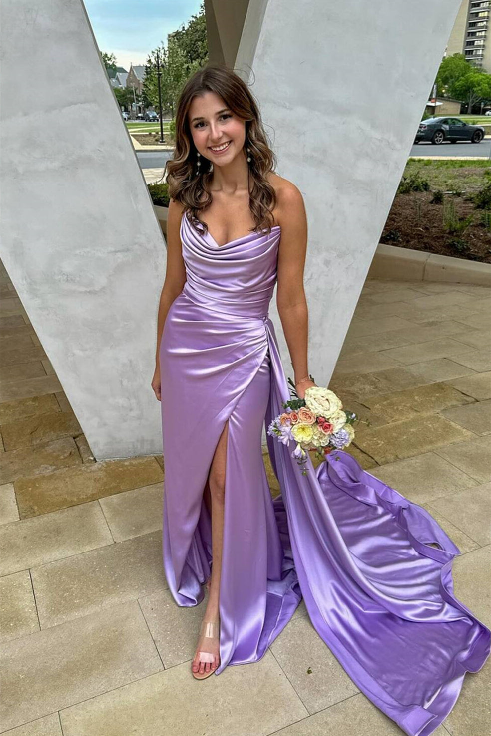Lilac Prom Dress V Neck Ruched Fitted Formal Gown with Train