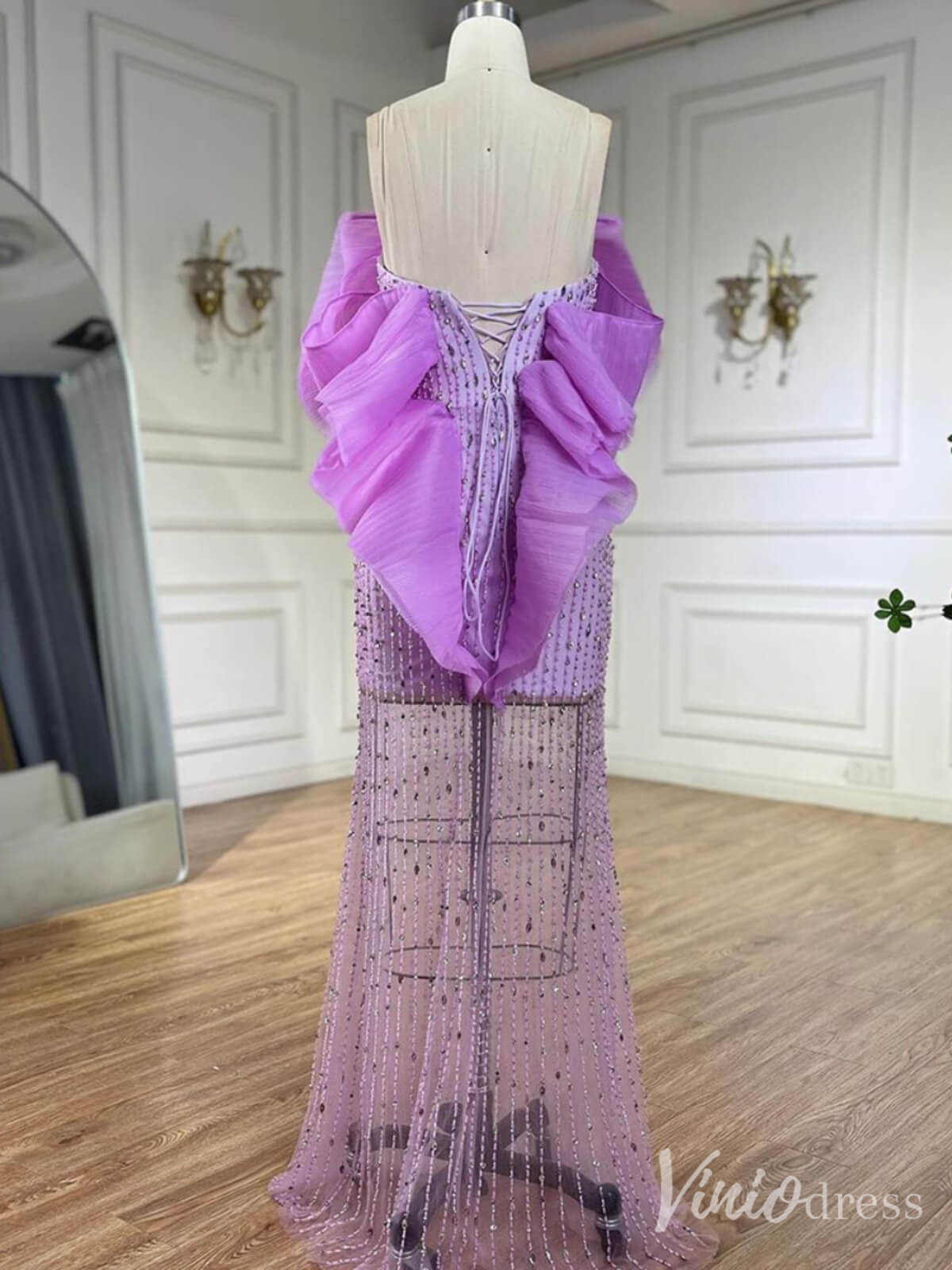 Lilac Sheer Beaded Prom Dresses Off the Shoulder Sweetheart Formal Dresses 20218