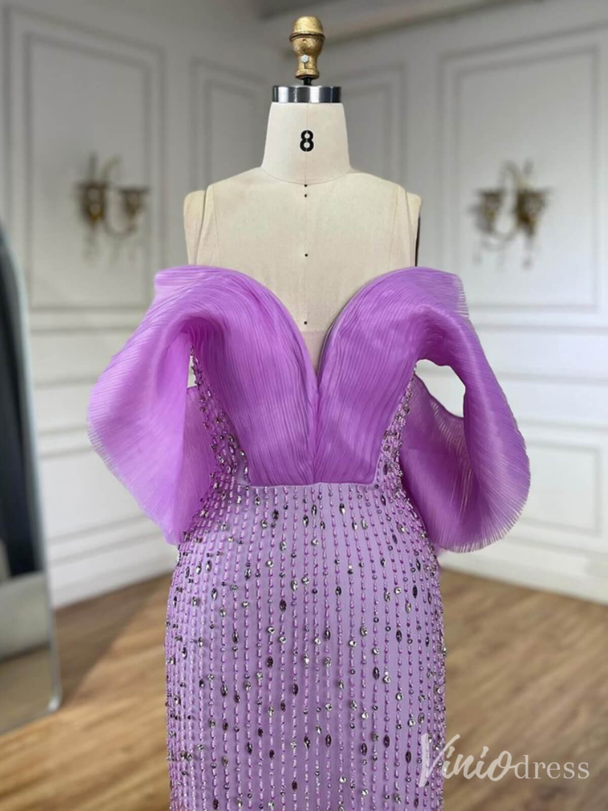Lilac Sheer Beaded Prom Dresses Off the Shoulder Sweetheart Formal Dresses 20218