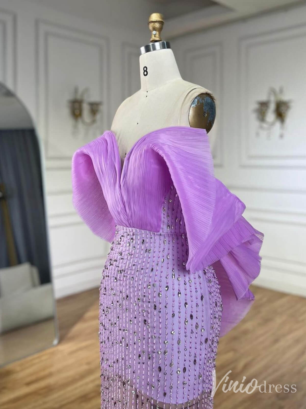 Lilac Sheer Beaded Prom Dresses Off the Shoulder Sweetheart Formal Dresses 20218