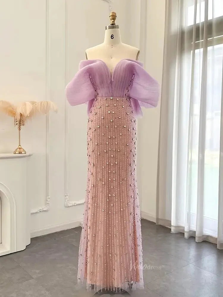 Lilac Sheer Beaded Prom Dresses Off the Shoulder Sweetheart Formal Dresses 20218