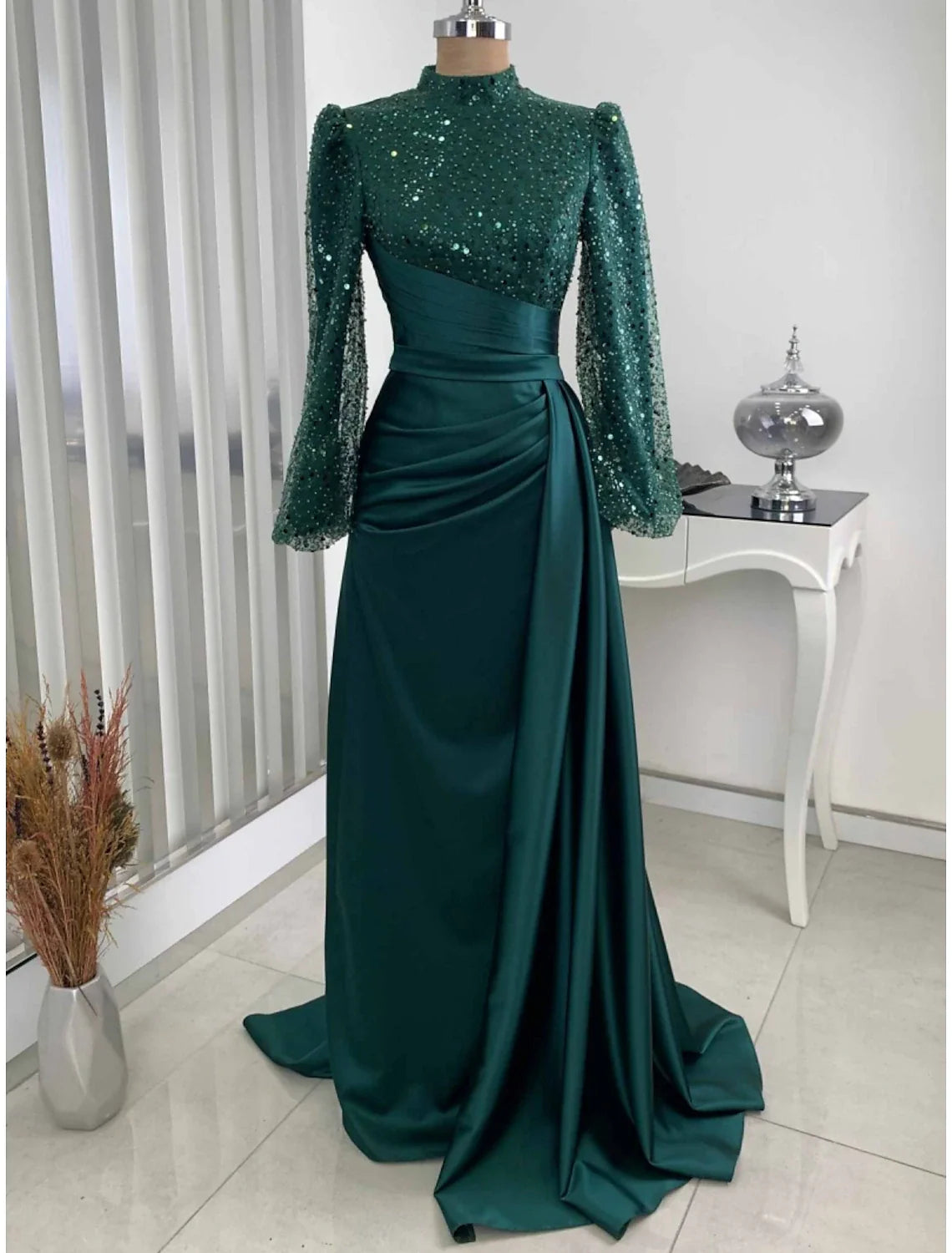 Aimishang A-Line Evening Gown Champagne Christmas Elegant Dress Formal Sweep / Brush Train Long Sleeve High Neck Satin with Glitter Pleats Ruched