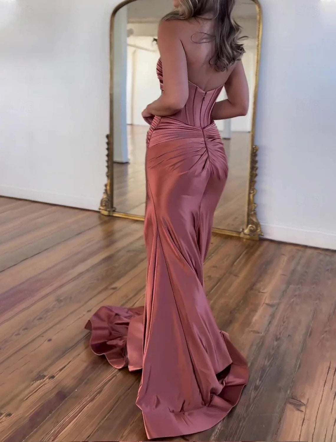 Aimishang A-Line Prom Dresses Elegant Dress Formal Floor Length Sleeveless Strapless Satin with Ruched Slit Sexy Evening Dress