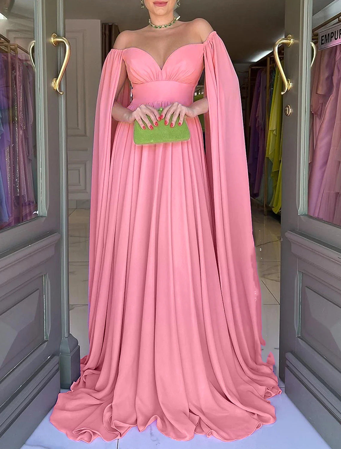 Aimishang A-Line Evening Gown Elegant Dress Formal Wedding Party Sweep / Brush Train Sleeveless Off Shoulder Capes Chiffon with Pleats