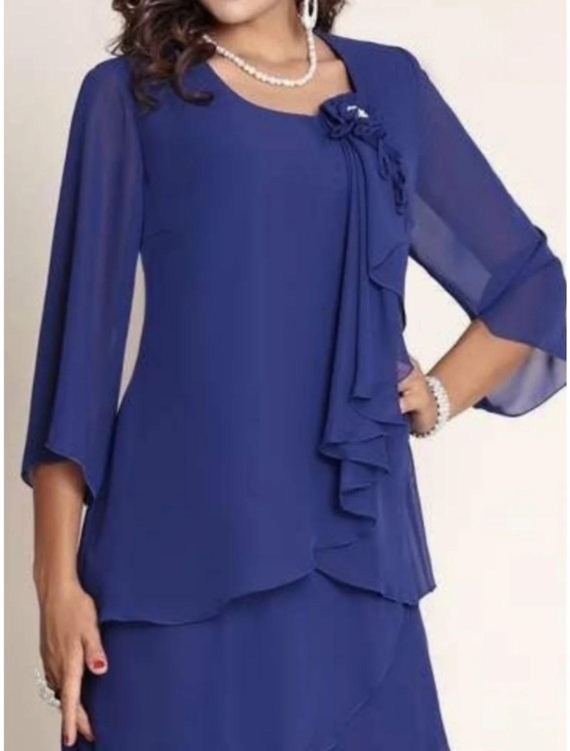Aimishang Sheath / Column Mother of the Bride Dress Wedding Guest Elegant Petite Scoop Neck Knee Length Chiffon 3/4 Length Sleeve with Ruffles Appliques