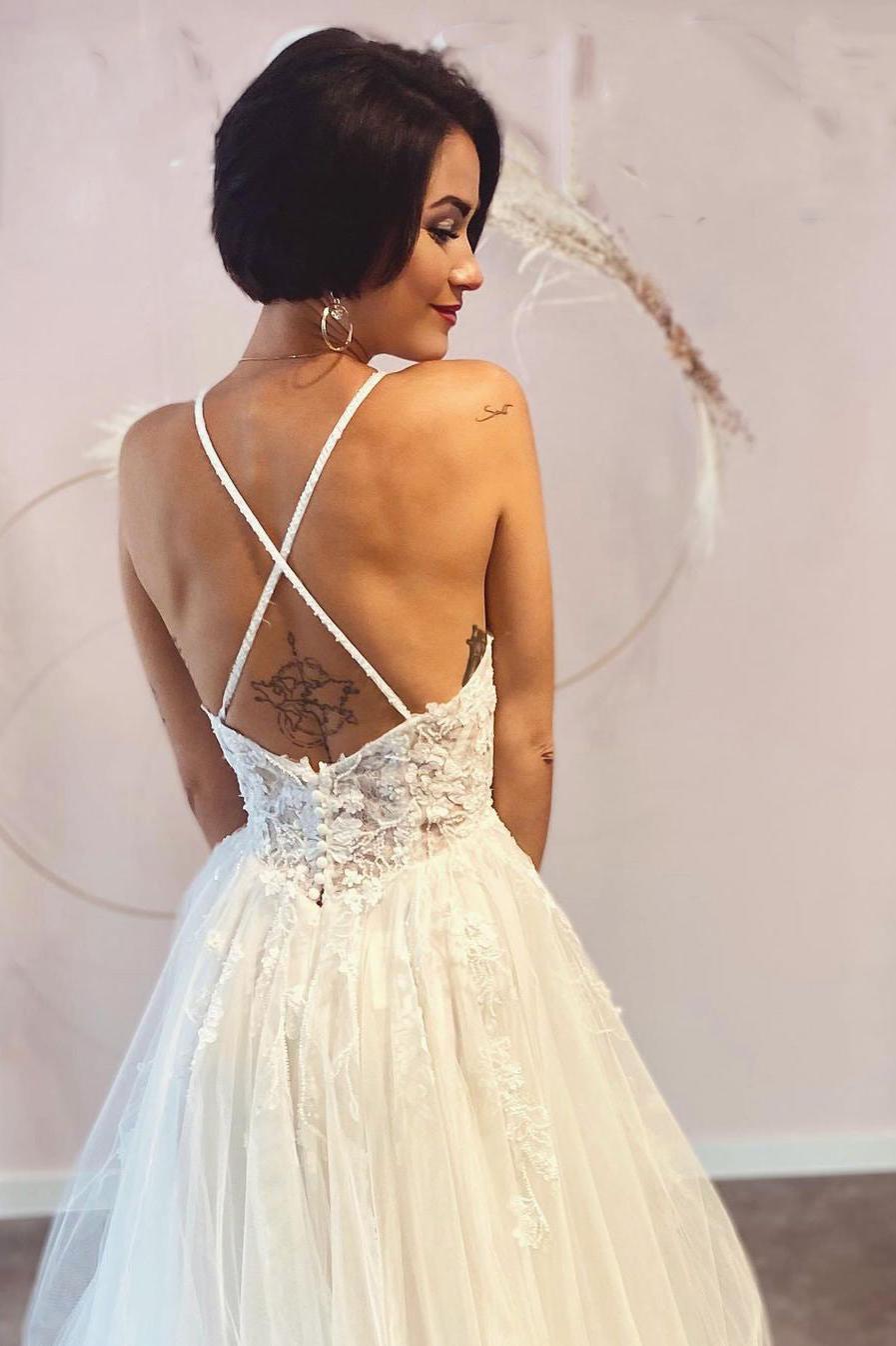 Long A-line Deep V-neck Spaghetti Straps Backless Tulle Wedding Dress with Lace