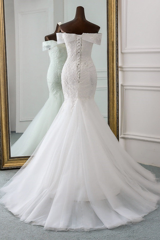 Long Mermaid Wedding Dress with Lace Appliques - Off-the-Shoulder