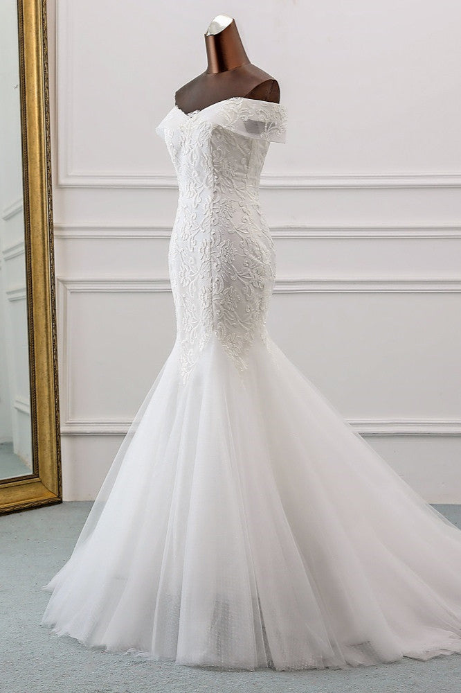 Long Mermaid Wedding Dress with Lace Appliques - Off-the-Shoulder