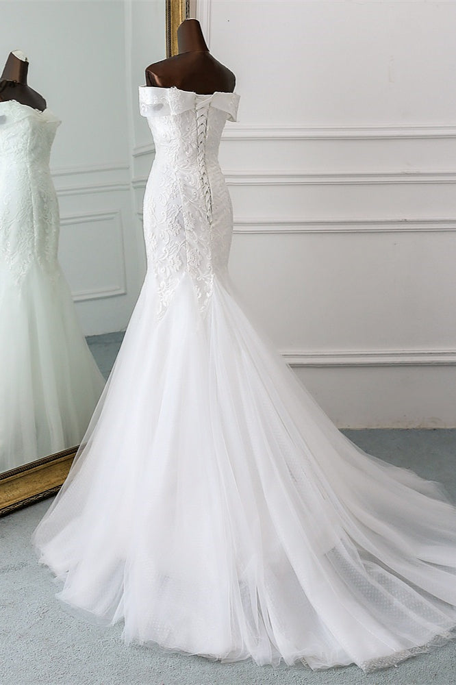 Long Mermaid Wedding Dress with Lace Appliques - Off-the-Shoulder
