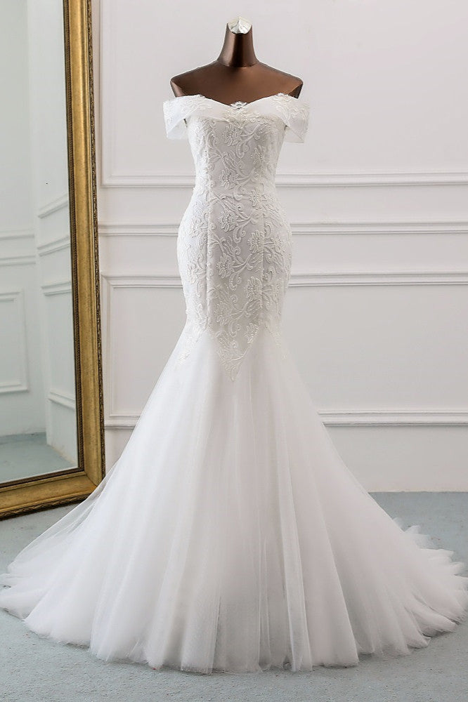 Long Mermaid Wedding Dress with Lace Appliques - Off-the-Shoulder