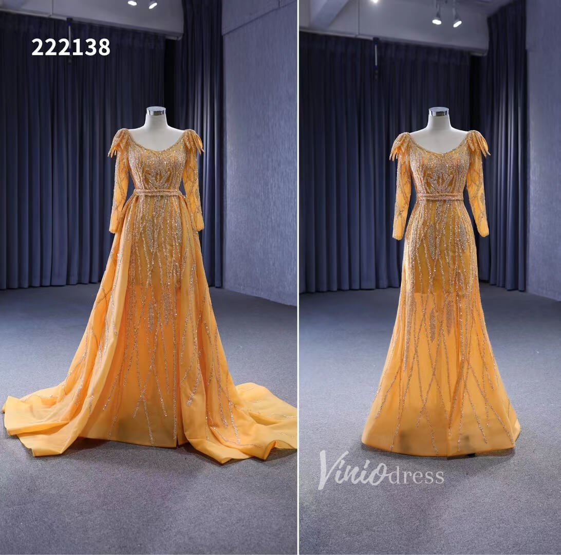 Long Sleeve Gold Wedding Dresses Removable Overskirt Pageant Dress 222138