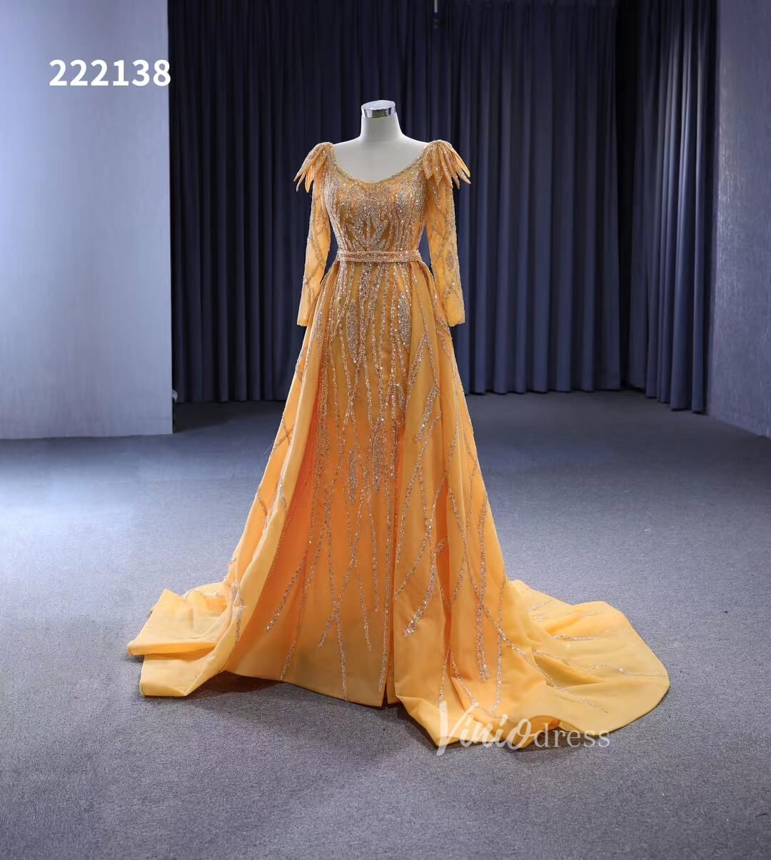 Long Sleeve Gold Wedding Dresses Removable Overskirt Pageant Dress 222138