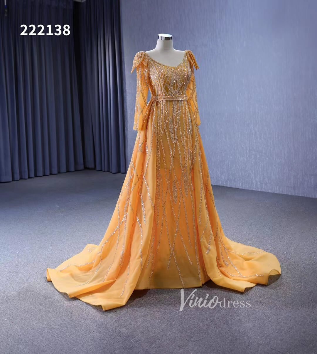 Long Sleeve Gold Wedding Dresses Removable Overskirt Pageant Dress 222138