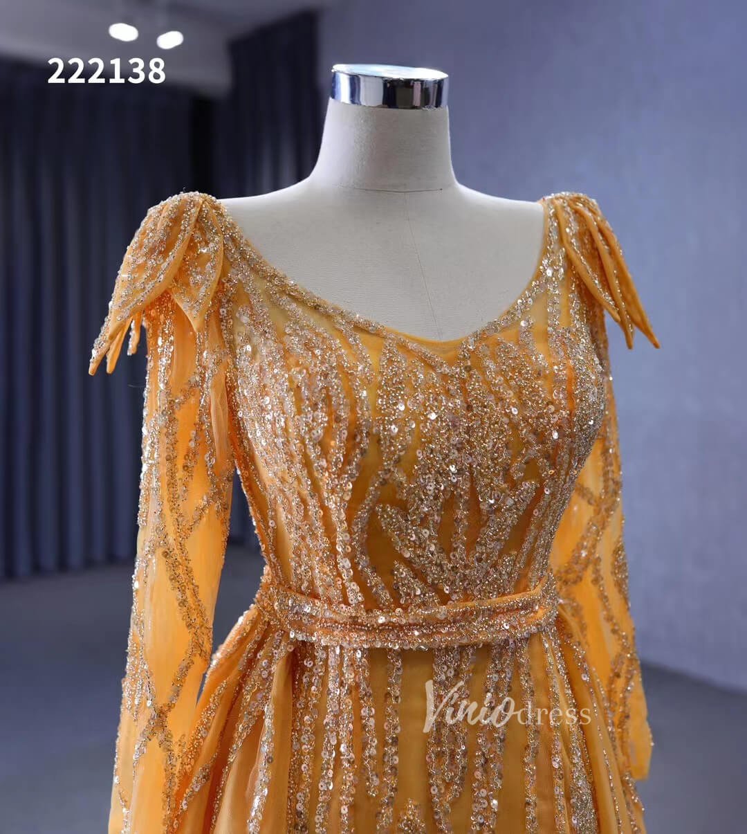 Long Sleeve Gold Wedding Dresses Removable Overskirt Pageant Dress 222138