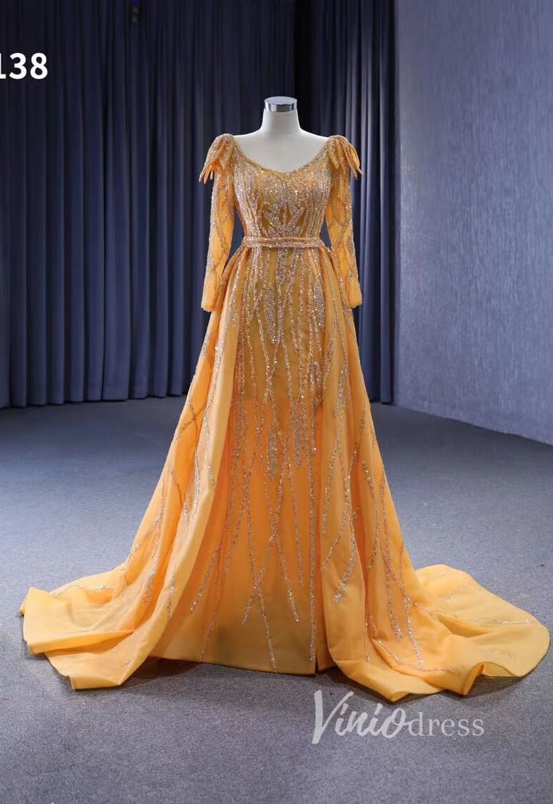 Long Sleeve Gold Wedding Dresses Removable Overskirt Pageant Dress 222138