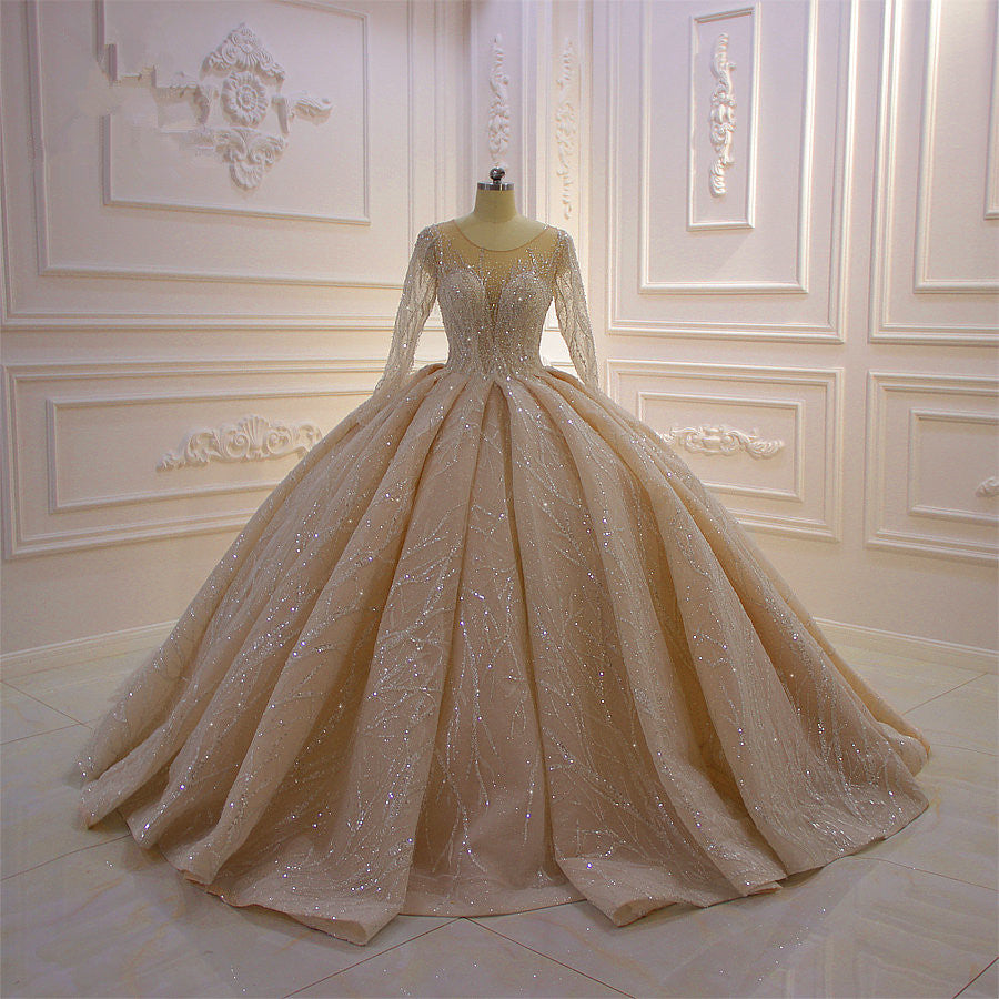 Long Sleeves Ball Gown Wedding Dress with Ruffles - Amazing Bateau