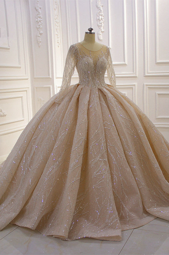 Long Sleeves Ball Gown Wedding Dress with Ruffles - Amazing Bateau