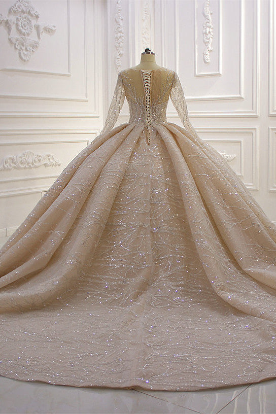 Long Sleeves Ball Gown Wedding Dress with Ruffles - Amazing Bateau