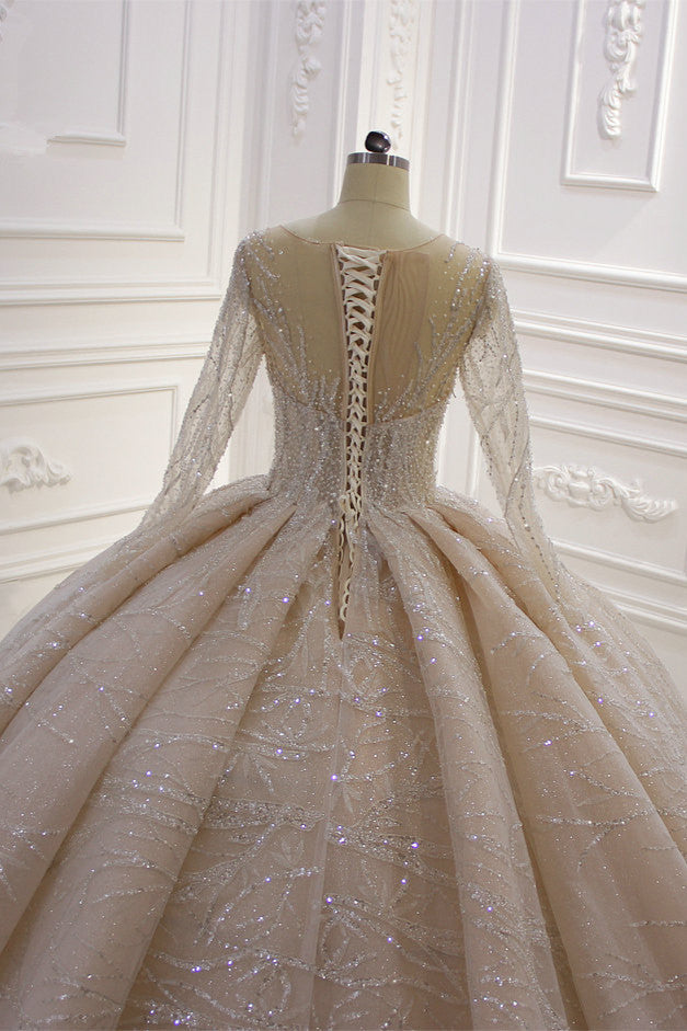 Long Sleeves Ball Gown Wedding Dress with Ruffles - Amazing Bateau