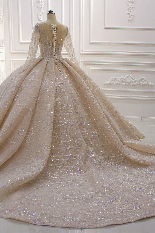 Long Sleeves Ball Gown Wedding Dress with Ruffles - Amazing Bateau