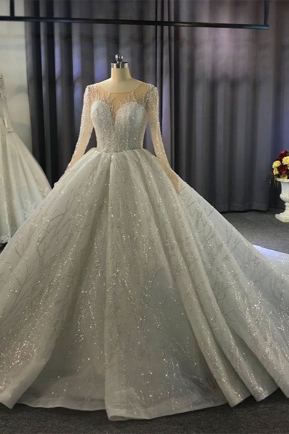Long Sleeves Ball Gown Wedding Dress with Ruffles - Amazing Bateau