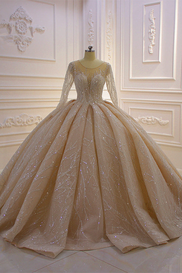 Long Sleeves Ball Gown Wedding Dress with Ruffles - Amazing Bateau