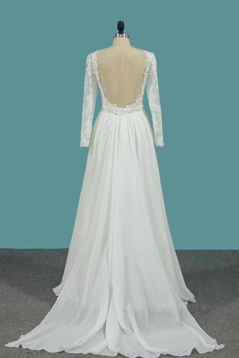 Long Sleeves Bateau Chiffon Wedding Dress With Ruffles