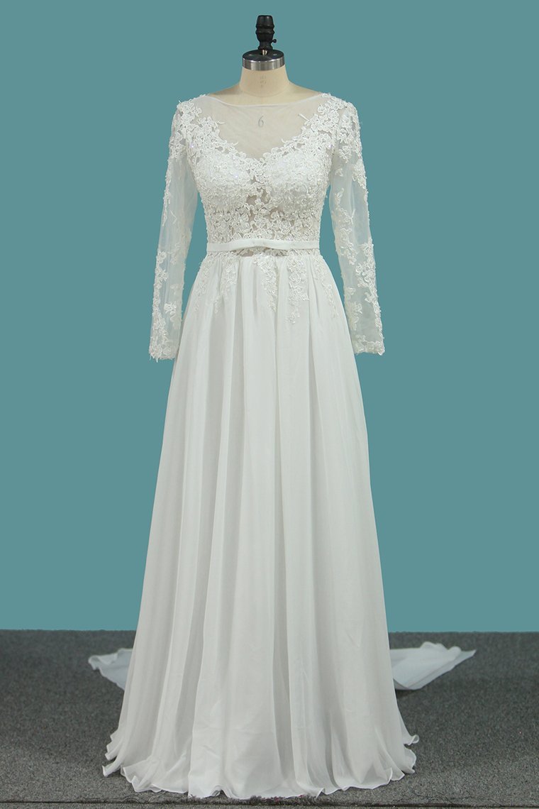 Long Sleeves Bateau Chiffon Wedding Dress With Ruffles