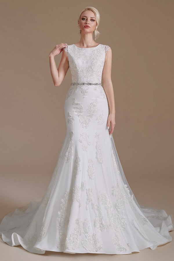 Look Glamorous in a Jewel Mermaid Long Wedding Dress with Tulle Lace