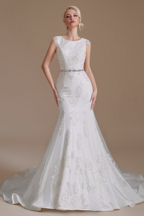 Look Glamorous in a Jewel Mermaid Long Wedding Dress with Tulle Lace
