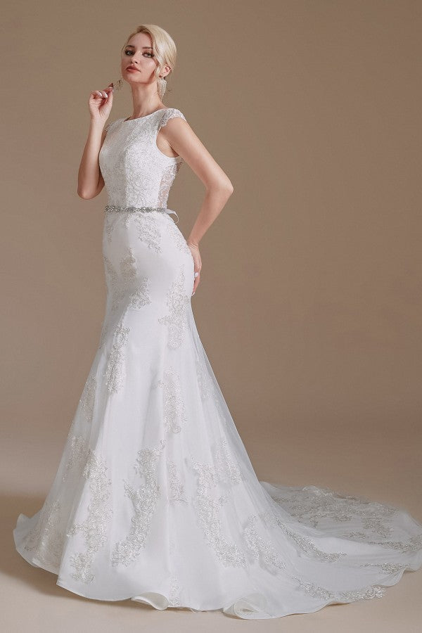 Look Glamorous in a Jewel Mermaid Long Wedding Dress with Tulle Lace