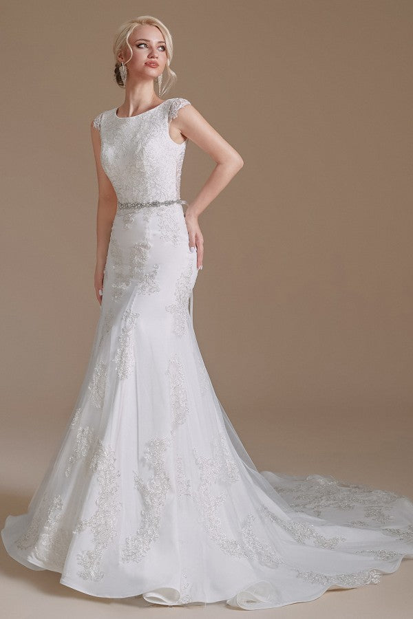 Look Glamorous in a Jewel Mermaid Long Wedding Dress with Tulle Lace