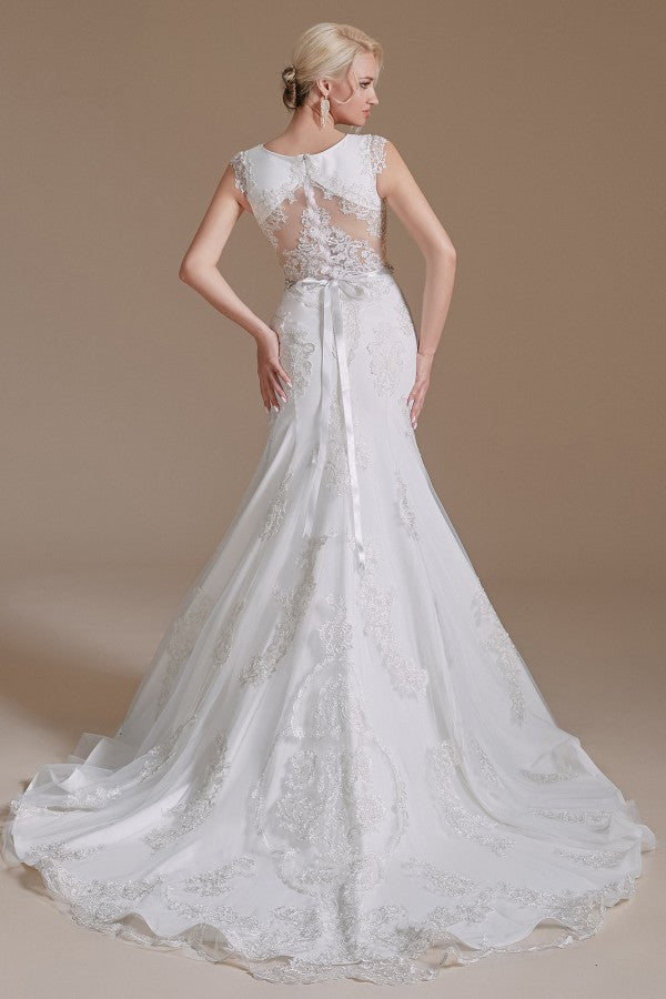 Look Glamorous in a Jewel Mermaid Long Wedding Dress with Tulle Lace