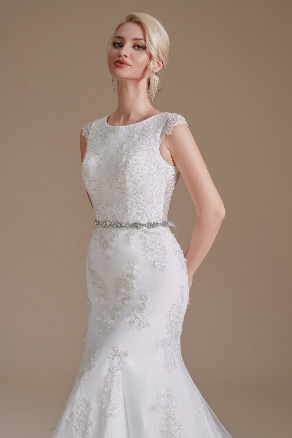 Look Glamorous in a Jewel Mermaid Long Wedding Dress with Tulle Lace