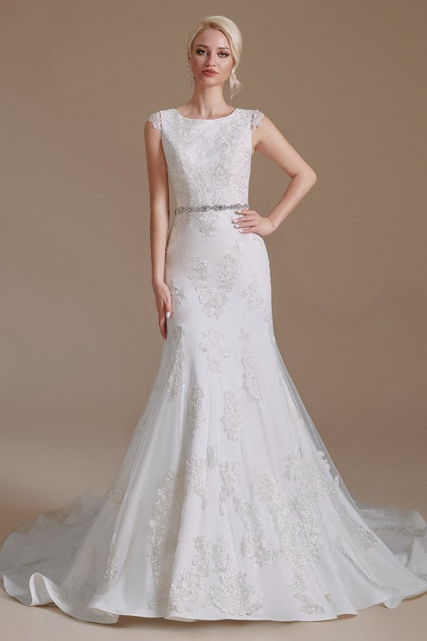 Look Glamorous in a Jewel Mermaid Long Wedding Dress with Tulle Lace