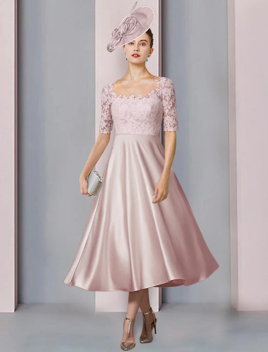 Aimishang  Two Piece A-Line Mother of the Bride Dress Wedding Guest Church Party Elegant Scoop Neck Tea Length Satin Lace Half Sleeve with Pleats