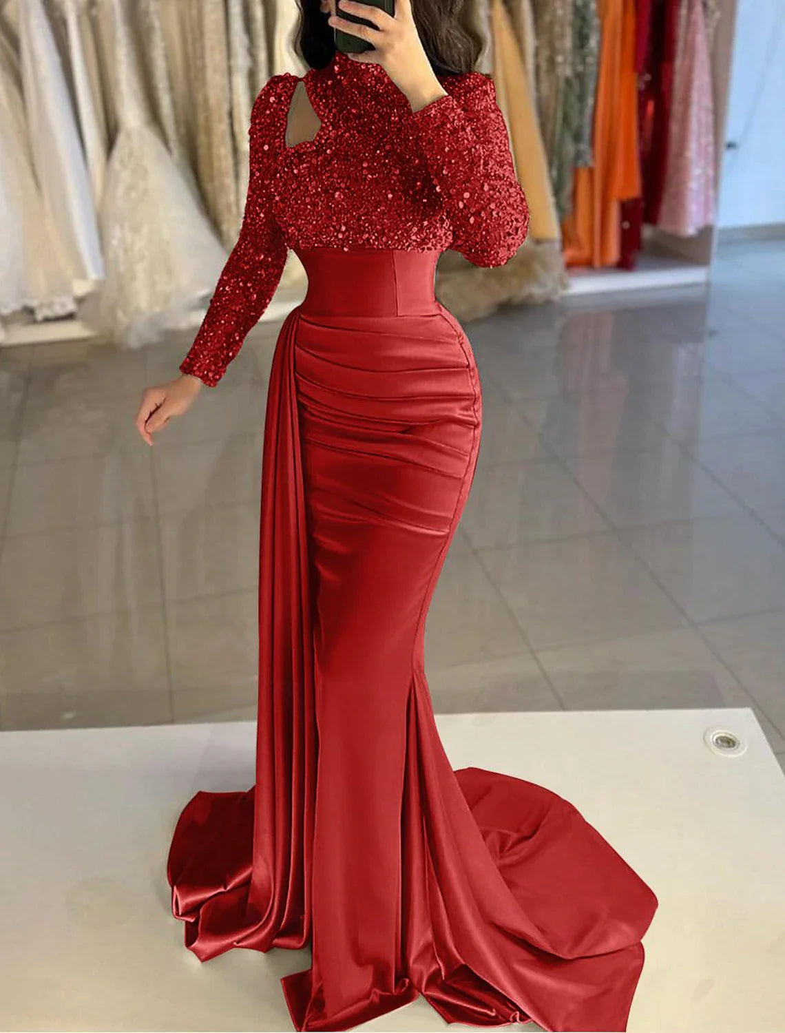 Mermaid / Trumpet Evening Gown Elegant Dress Formal Sweep / Brush Train Long Sleeve High Neck Satin with Pearls Sequin