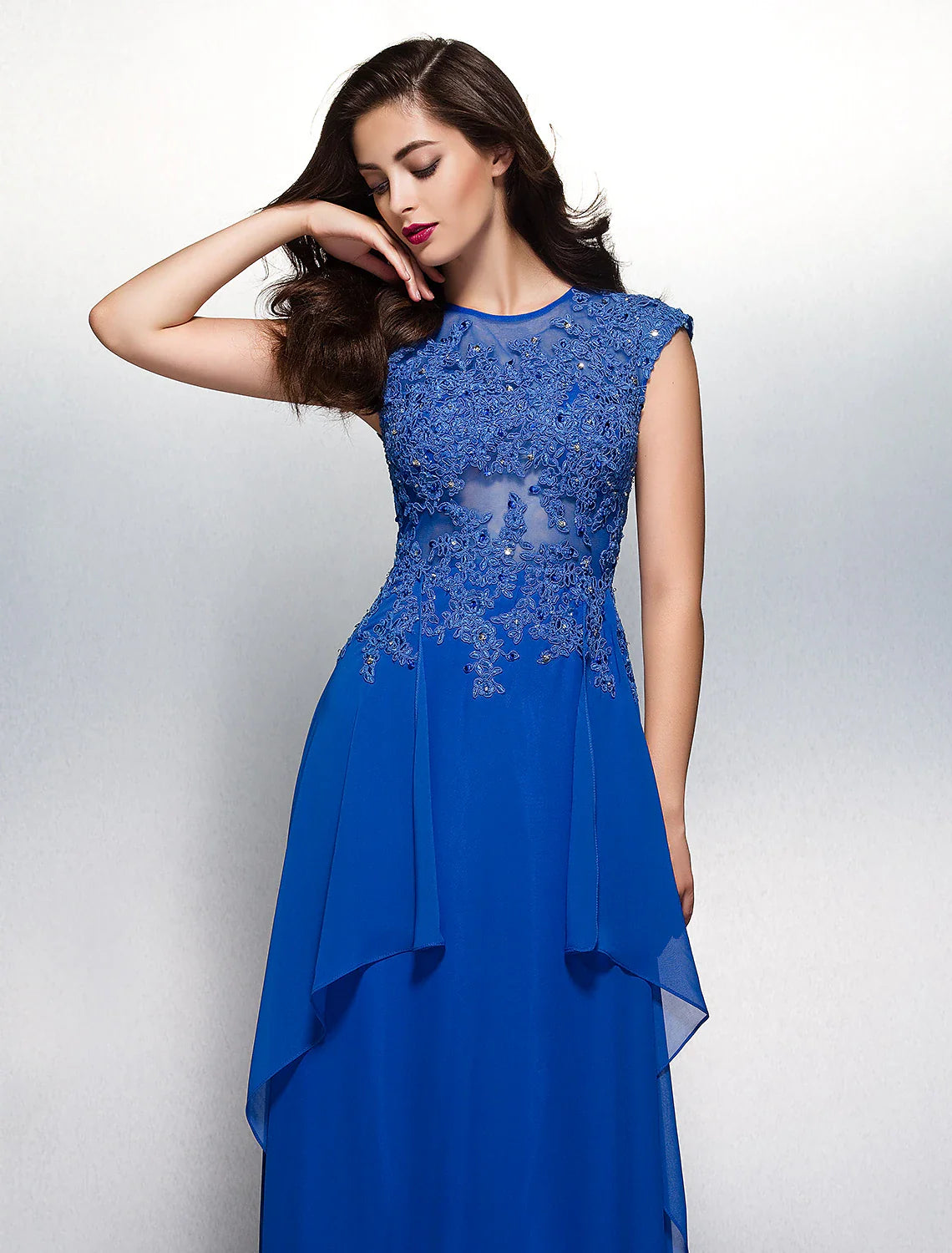 Wholesa Sheath / Column Elegant Floral Formal Evening Wedding Party Dress Illusion Neck Short Sleeve Sweep / Brush Train Chiffon with Appliques