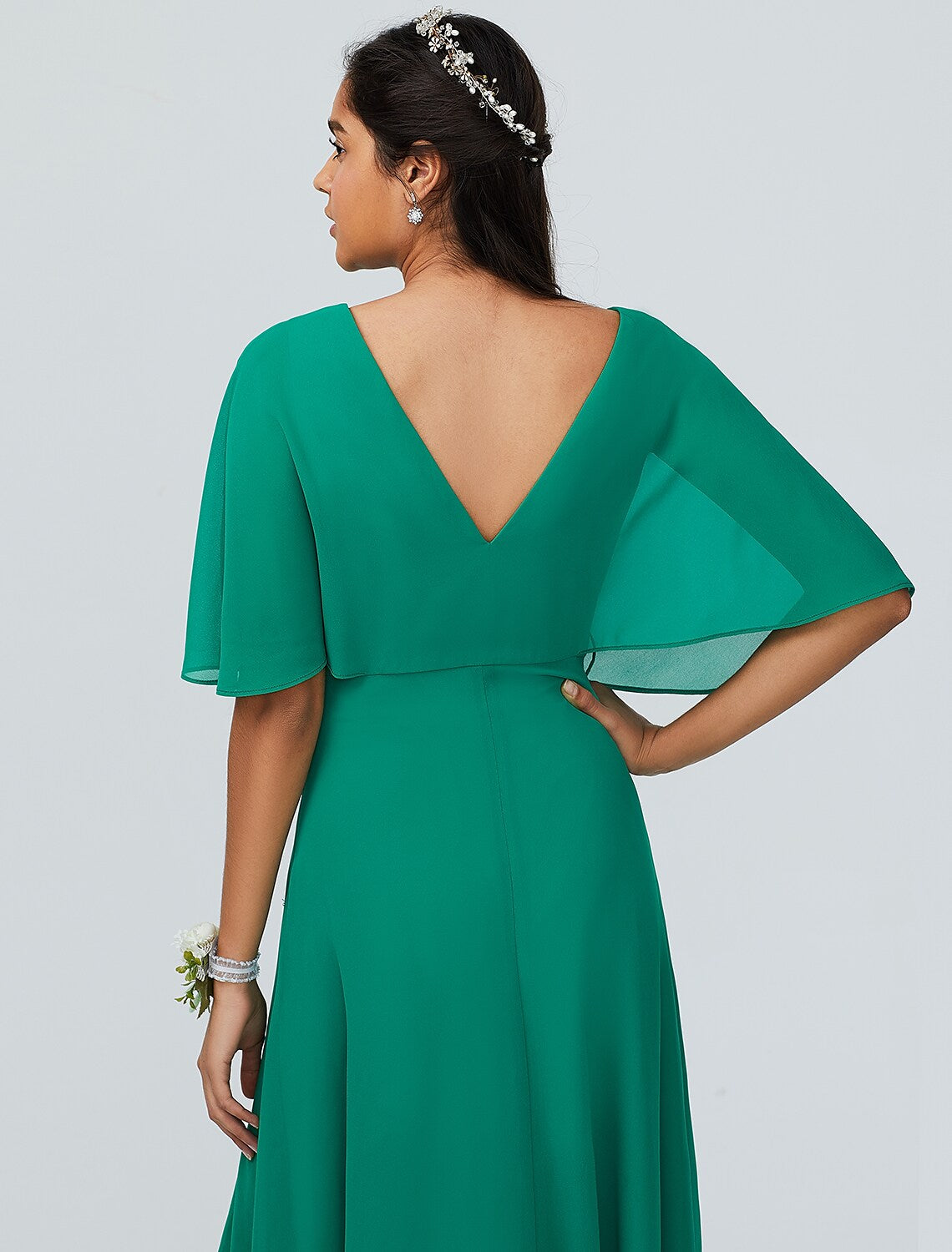 Bridesmaid Dress V Neck Short Sleeve Sparkle Shine Floor Length Chiffon with Split Front