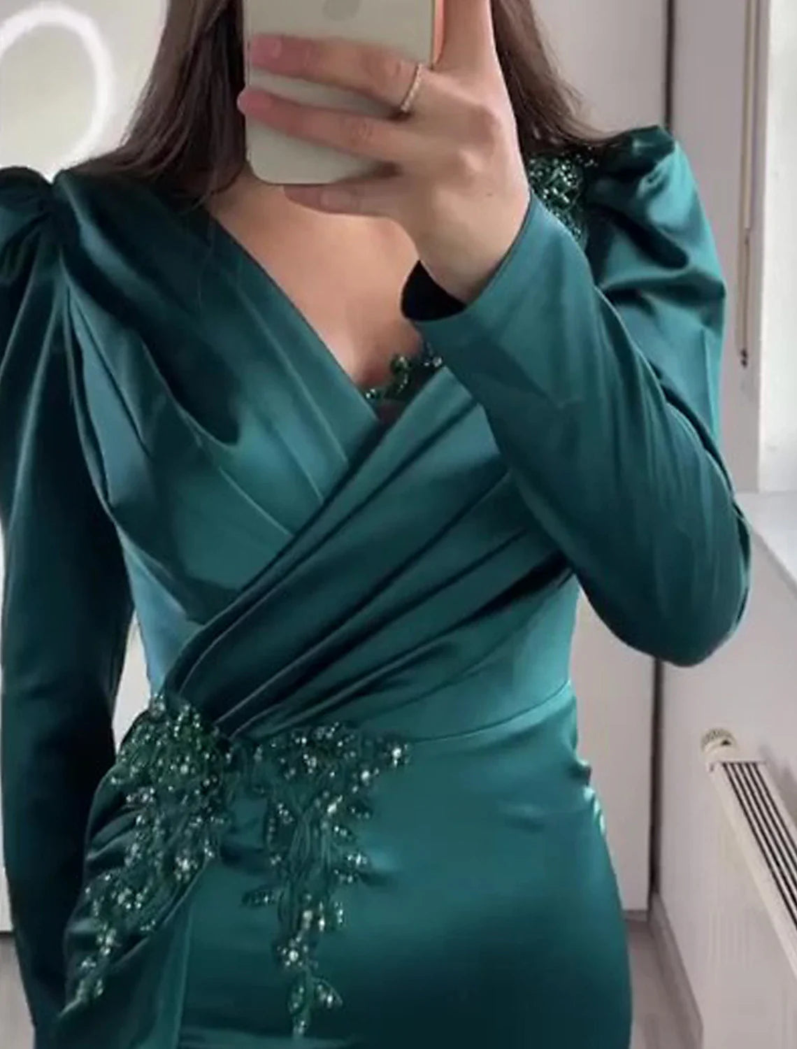 Mermaid / Trumpet Evening Gown Elegant Dress Formal Wedding Guest Floor Length Short Sleeve V Neck African American Satin with Ruched Appliques