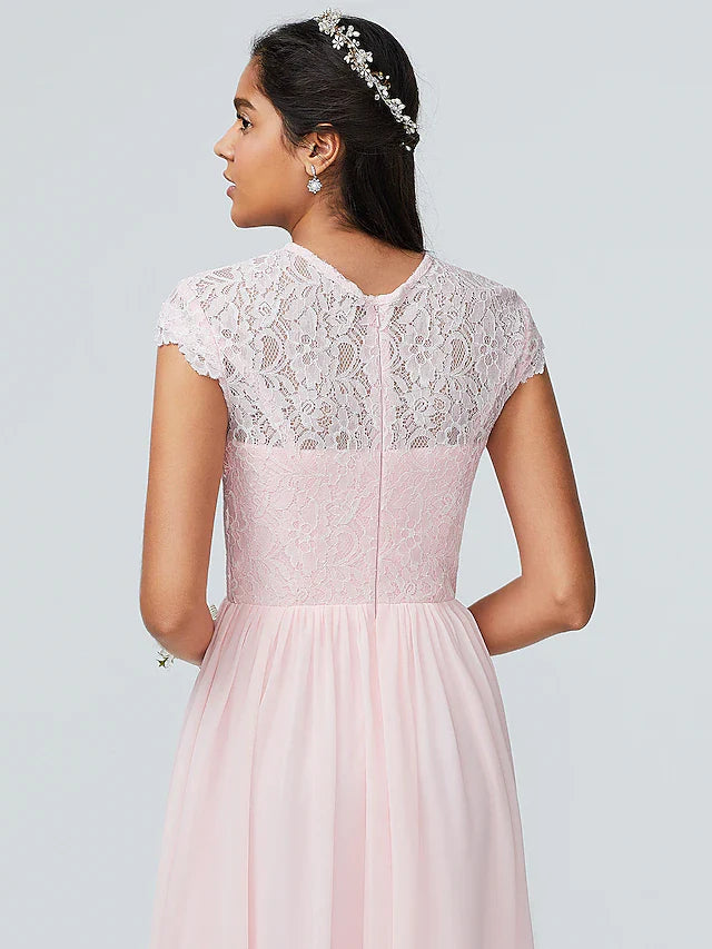 A-Line Bridesmaid Dress Jewel Neck Sleeveless Elegant Floor Length Chiffon with Lace 2022 / Sparkle & Shine