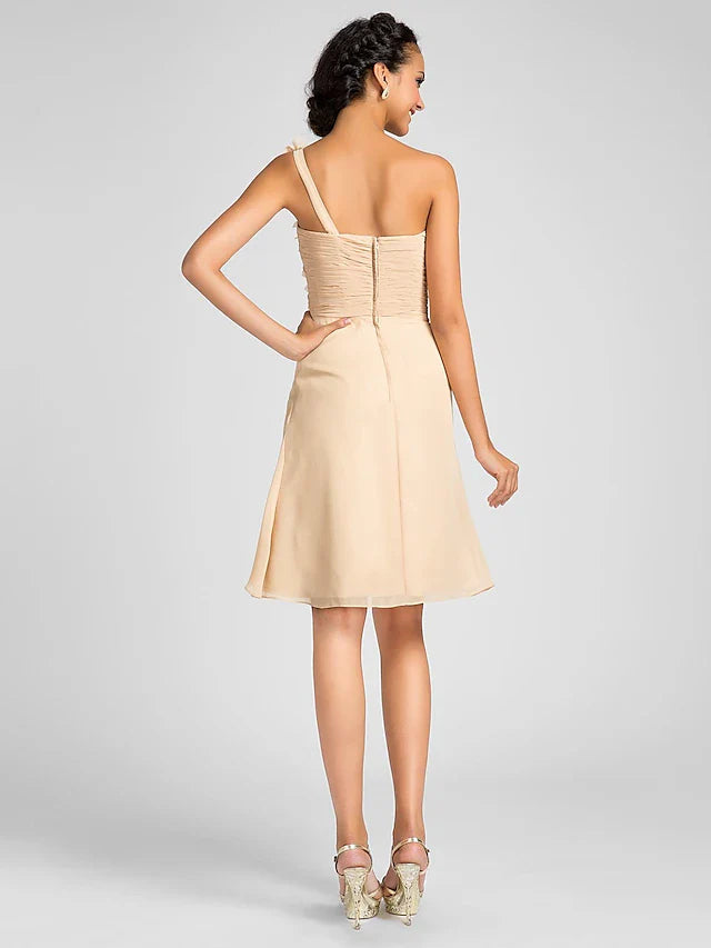 Sheath / Column Bridesmaid Dress One Shoulder Sleeveless Knee Length Chiffon with Side Draping / Flower