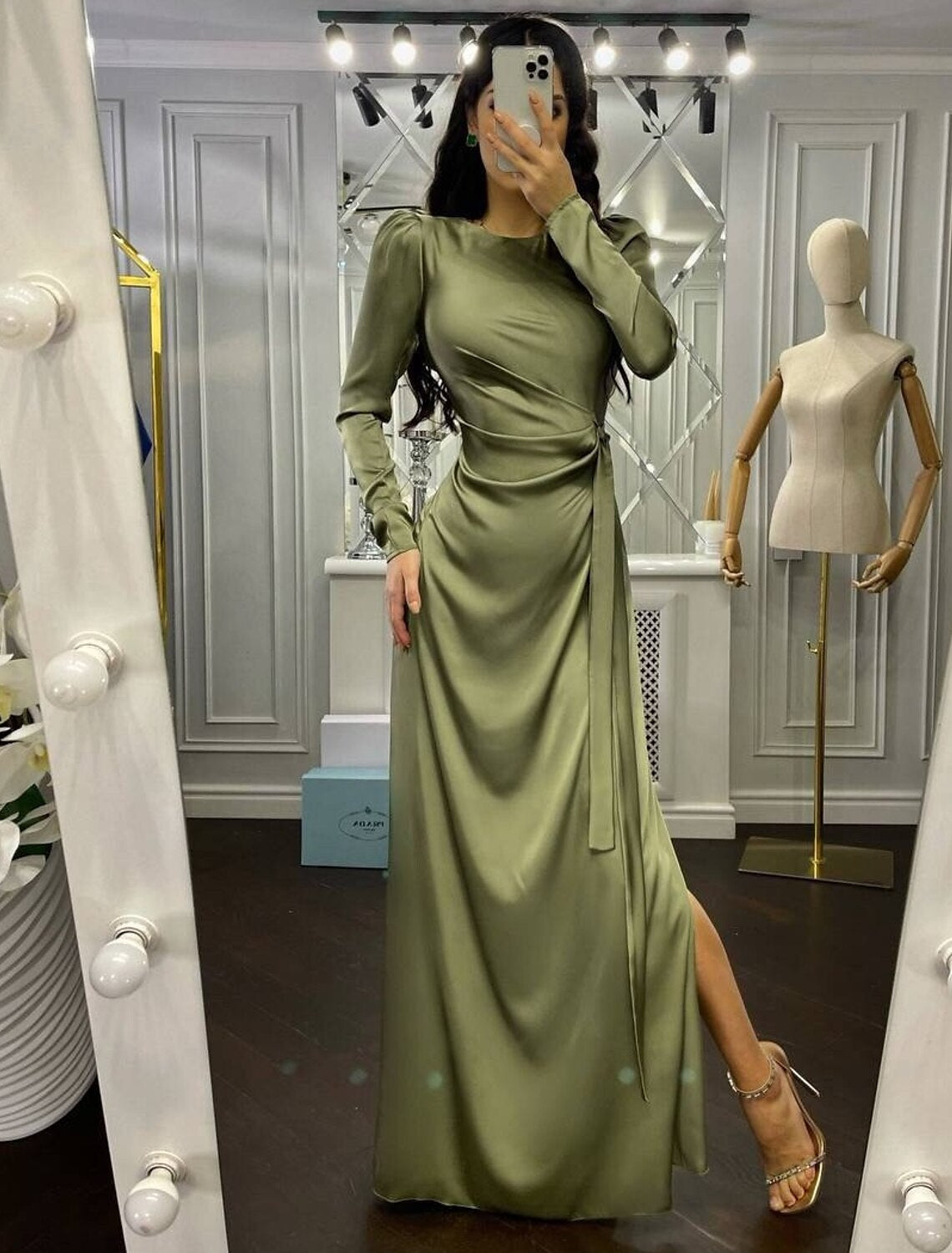Sheath Party Dress Evening Gown Elegant Dress Wedding Guest Fall Floor Length Long Sleeve High Neck Bridesmaid Dress Satin with Ruched 2025
