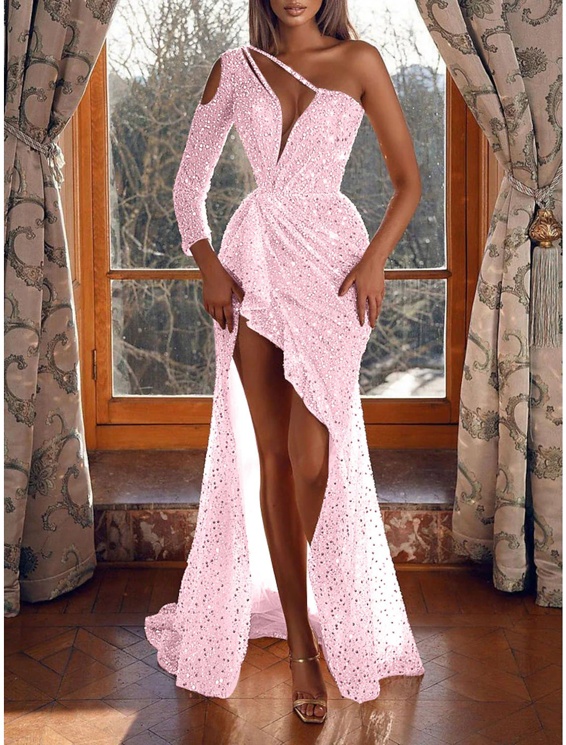 Mermaid / Trumpet Prom Dresses Sparkle & Shine Dress Wedding Guest Formal Evening Sweep / Brush Train Long Sleeve One Shoulder Sequined with Sequin 2025