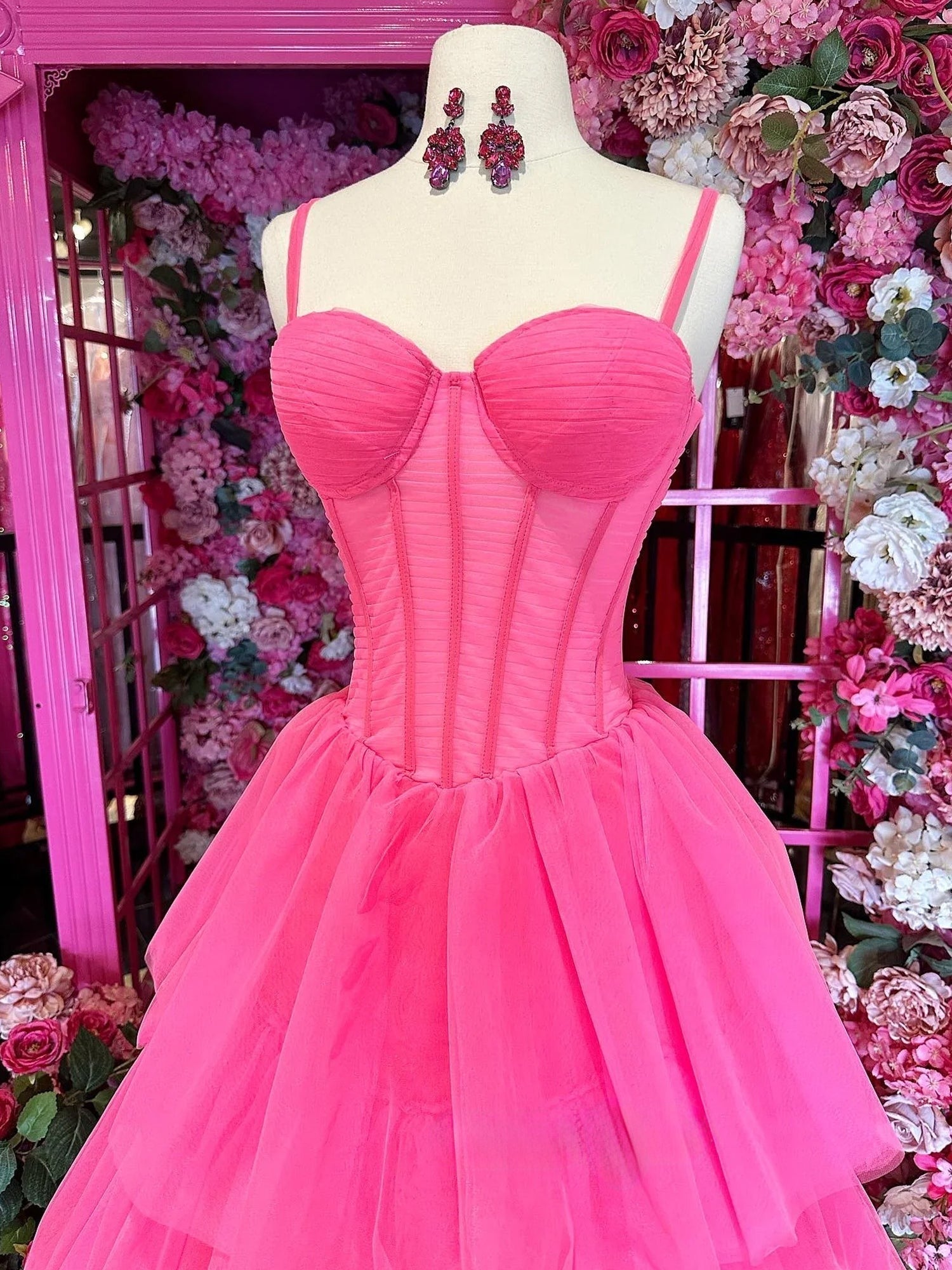 A Line Pink Tiered Tulle Long Sweetheart Prom Dresses