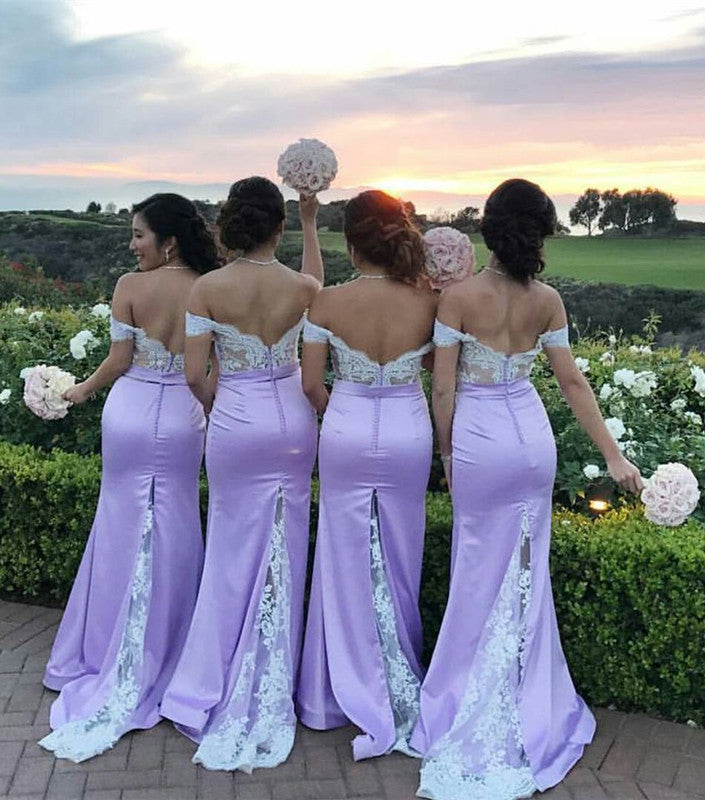 White Lace Appliques Off The Shoulder Mermaid Court Train Bridesmaid Dresses