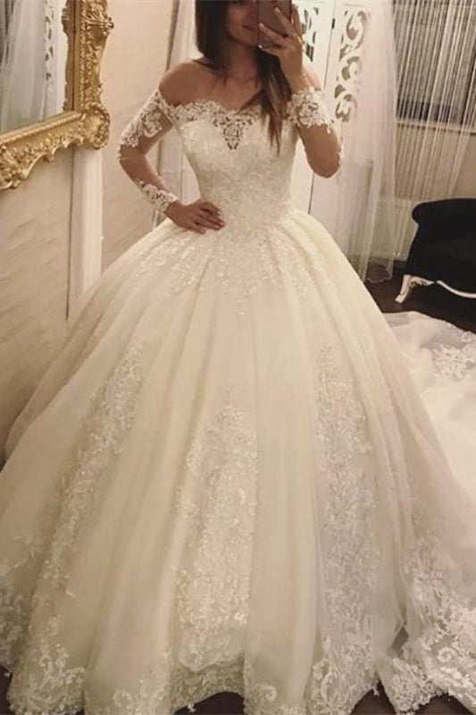 Luxurious Off-the-Shoulder Ball Gown Wedding Dress with Lace Appliques & Long Sleeves