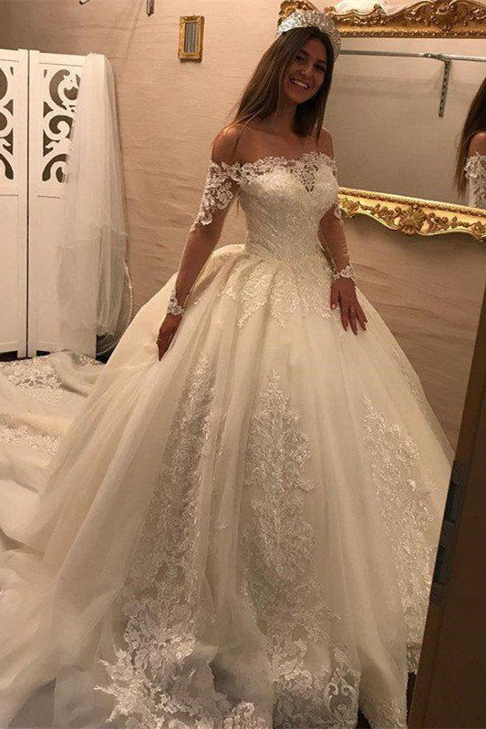 Luxurious Off-the-Shoulder Ball Gown Wedding Dress with Lace Appliques & Long Sleeves