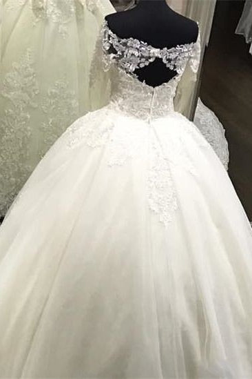 Luxurious Off-the-Shoulder Ball Gown Wedding Dress with Lace Appliques & Long Sleeves